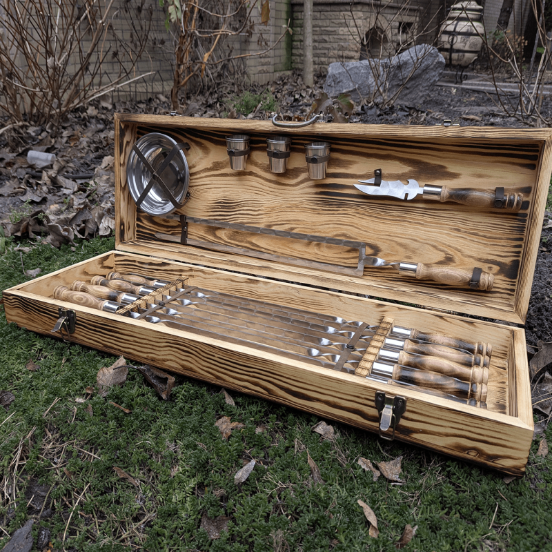 Набір шампурів 'Обжинкова Текстура' на 10 персон у кейсі з обробленого дерева (24 предмети)