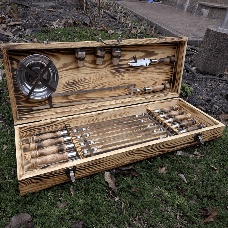 Набір шампурів 'Обжинкова Текстура' на 10 персон у кейсі з обробленого дерева (24 предмети)