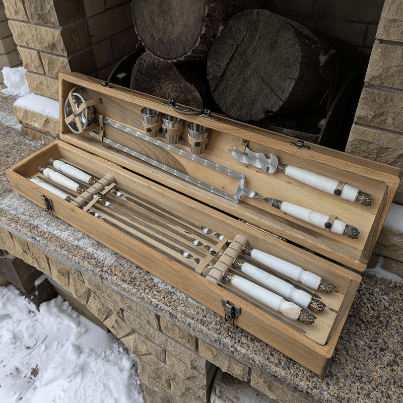 Набір шампурів 'Мармуровий Горіх' на 6 персон у преміальному кейсі (15 предметів)