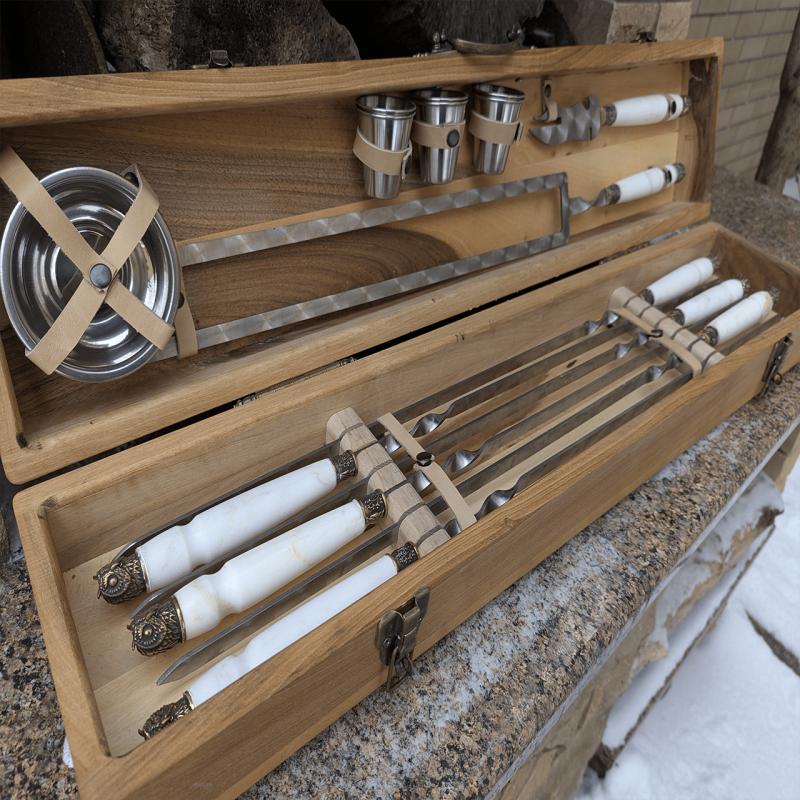 Набір шампурів 'Мармуровий Горіх' на 6 персон у преміальному кейсі (15 предметів)