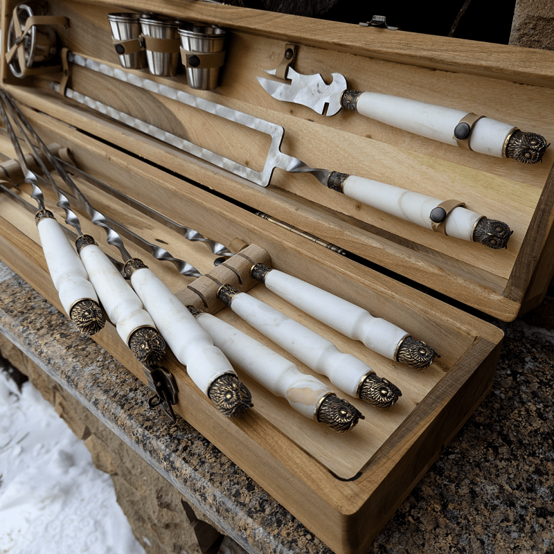 Набір шампурів 'Мармуровий Горіх' на 6 персон у преміальному кейсі (15 предметів)